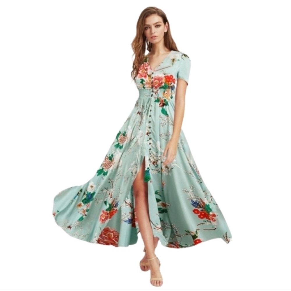 Amzplus Dress Floral Smocked Boho Tassled Tie Front Maxi Green Plus Size 3XL - Picture 9 of 16